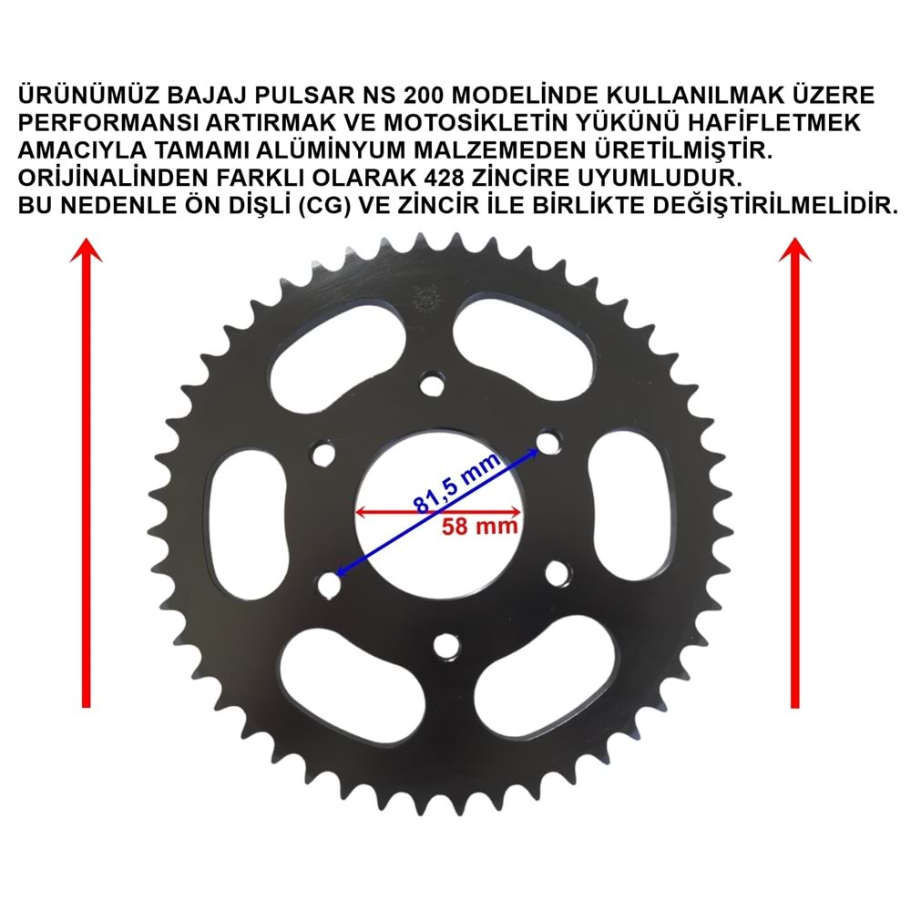 BAJAJ PULSAR 200NS PERFORMANS ALÜMİNYUM SİYAH ARKA DİŞLİ 428-48T İÇ 58MM SİYAH