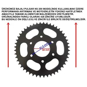 BAJAJ PULSAR 200NS PERFORMANS ALÜMİNYUM SİYAH ARKA DİŞLİ 428-48T İÇ 58MM SİYAH